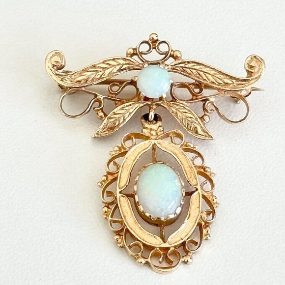 Vintage 14K Solid Yellow Gold Fire Opal Filigree Detailed Drop Brooch Pin - Picture 1 of 12